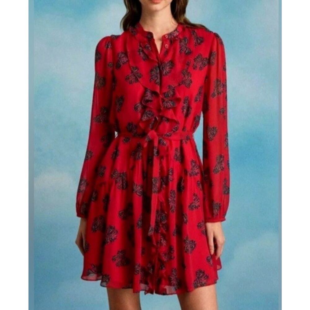 Saloni Tilly Ruffle Bib Silk Dress Sz 6‎ Red Cherry Bows Luxury $550 Valentine’s